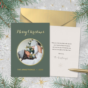 Modern Deep Sage Circle Frame Photo Christmas