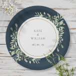 Modern Deep Sea Blue Greenery Floral Wedding Paper Plate<br><div class="desc">Featuring delicate watercolor leaves on a deep sea blue background. This chic botanical paper plate can be personalised with your special wedding details. Designed by Thisisnotme©</div>