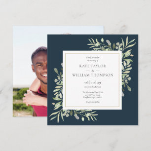 Modern Deep Sea Blue Greenery Photo Wedding Invitation