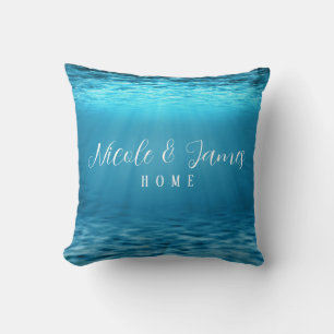 Modern Deep Sea Blue Underwater Monogram Cushion