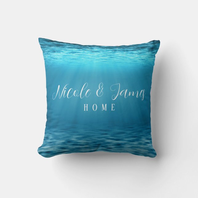 Modern Deep Sea Blue Underwater Monogram Cushion (Front)