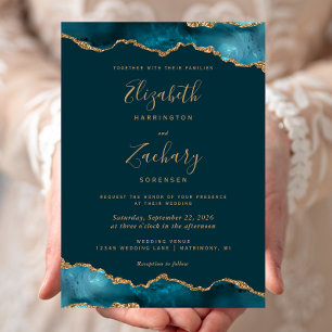 Modern Deep Teal Gold Agate Wedding Invitation