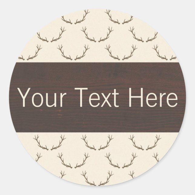 Modern Deer Antlers Pattern on Rustic Brown Wood Classic Round Sticker (Front)