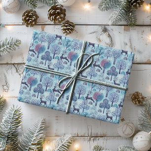Modern Deer Forest Blue and Purple Holiday Wrapping Paper