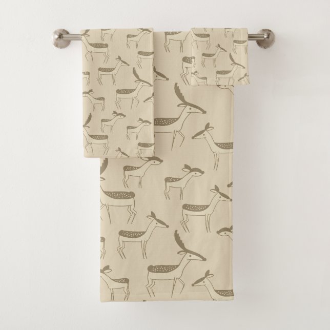 Modern Deer Illustration Beige Pattern Bath Towel  (Insitu)