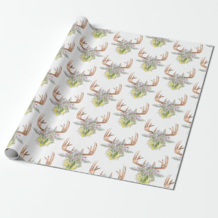 Modern Deer Skull And Floral Pastel Colours Wrapping Paper