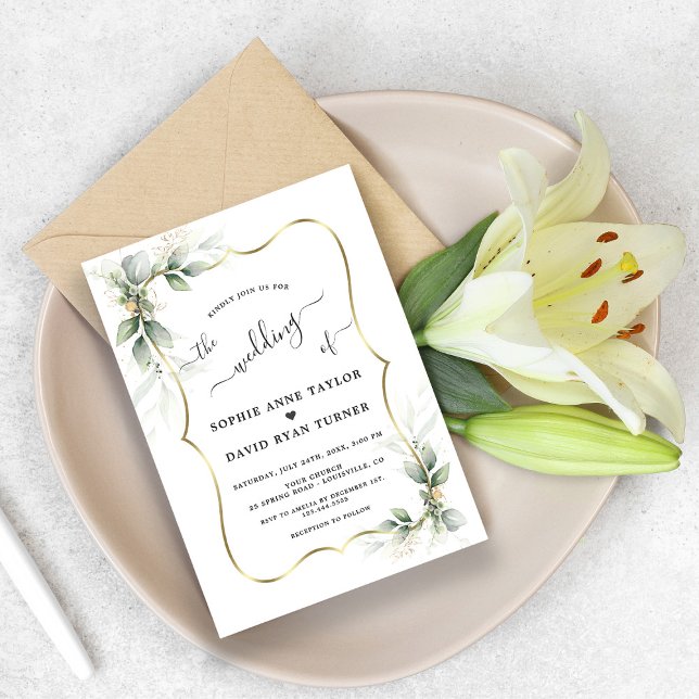 Modern Delicate Greenery Gold Calligraphy Wedding Invitation (Creator Uploaded)