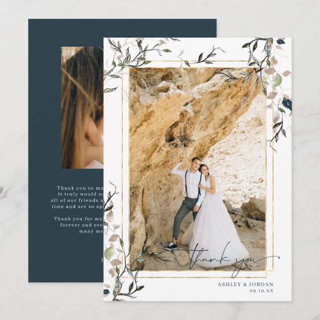 Modern Delicate Spring Greenery Wedding Thank You Card (Front/Back)