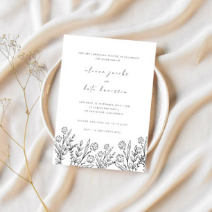 Modern Delicate Wildflower Black & White Wedding Invitation