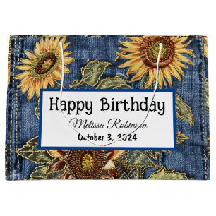 Modern Denim and Sunflowers Birthday Large Gift Bag