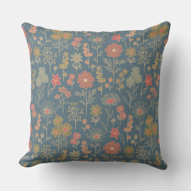 Modern Denim Blue & Coral Floral Cushion (Front)