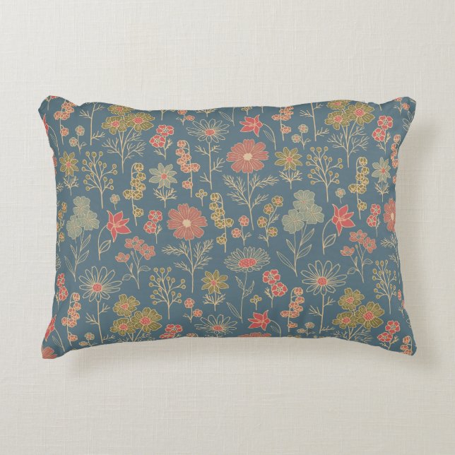 Modern Denim Blue & Coral Floral Decorative Cushion (Front)