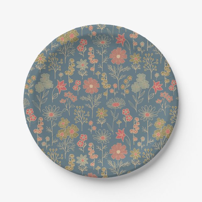 Modern Denim Blue & Coral Floral Paper Plate (Front)