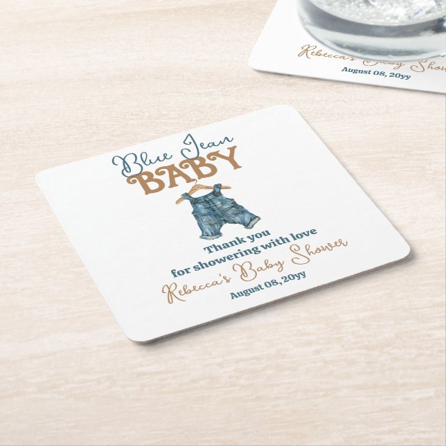 Modern Denim Boy Blue Jean Baby Shower Square Paper Coaster (Angled)