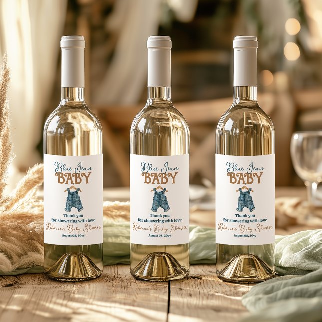 Modern Denim Boy Blue Jean Baby Shower Wine Label (Creator Uploaded)