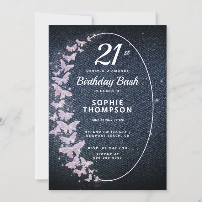 Modern Denim Diamond Pink Butterfly Birthday Party Invitation (Front)