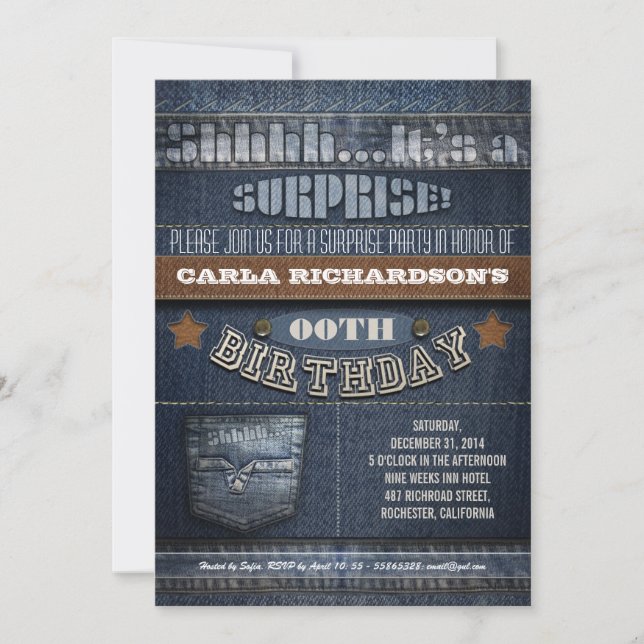 modern denim surprise birthday party invitation (Front)