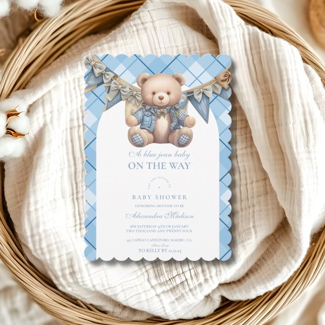 Modern Denim Teddy Bear Baby Shower Invitation (Creator Uploaded)
