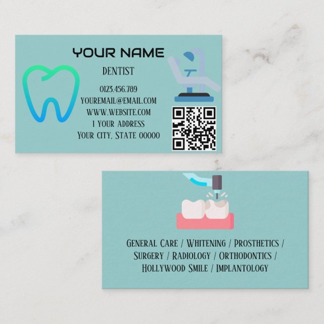 Modern Dentist QR Code Services Mint Blue Business Card (Front/Back)