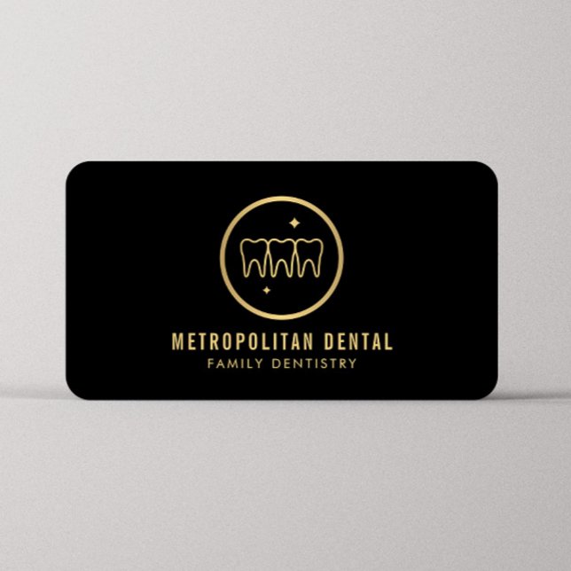Modern Dentist Teeth Faux Gold Logo on Black Business Card (Creator Uploaded)