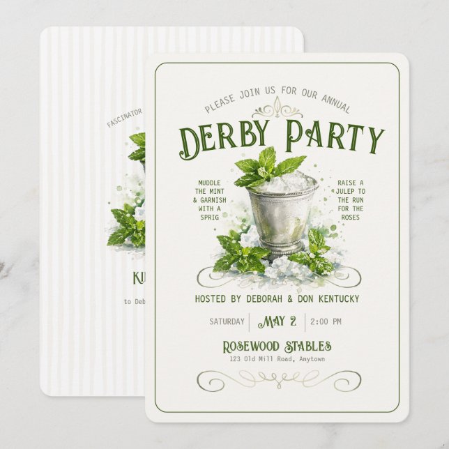 Modern Derby Party Watercolor Mint Julep Elegant Invitation (Front/Back)