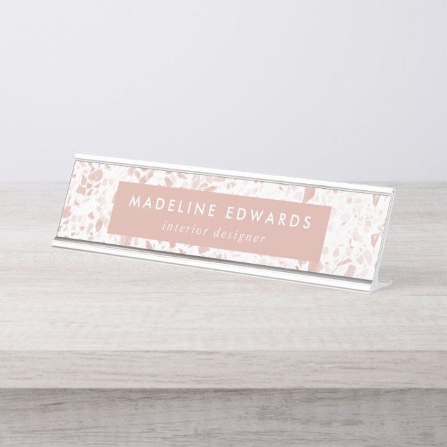 Modern Desert Blush & White Terrazzo Personalised Desk Name Plate (Front)