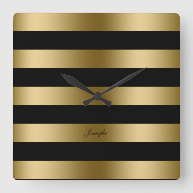Modern Design Black And Gold Stripes Pattern Square Wall Clock (Front)