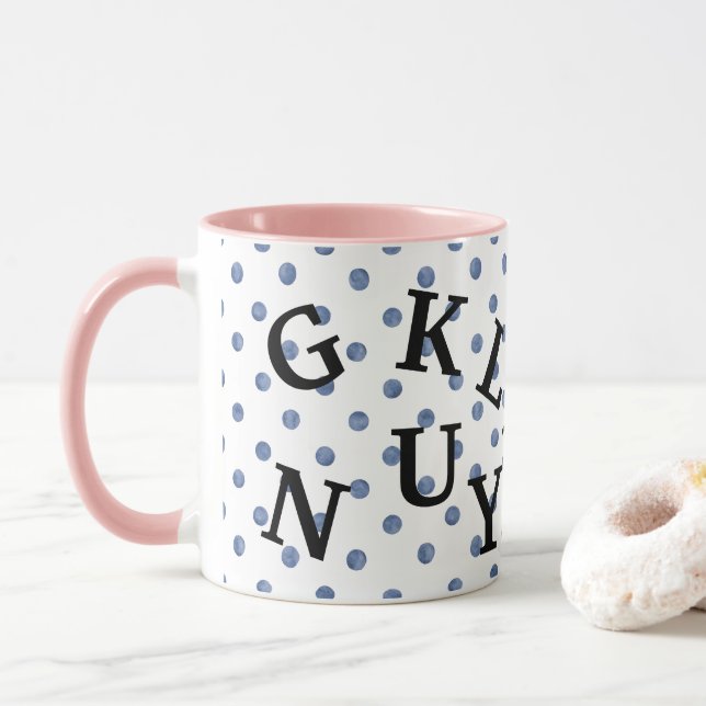 Modern design polka dots with black text Blue Pink Mug (With Donut)