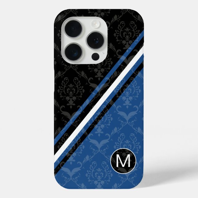 Modern designer damask monogrammed stripes Case-Mate iPhone case (Back)