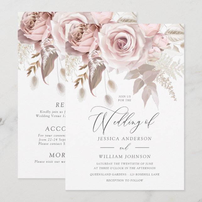 Modern Designer Dusty Rose Blush Details & Wedding Invitation (Front/Back)