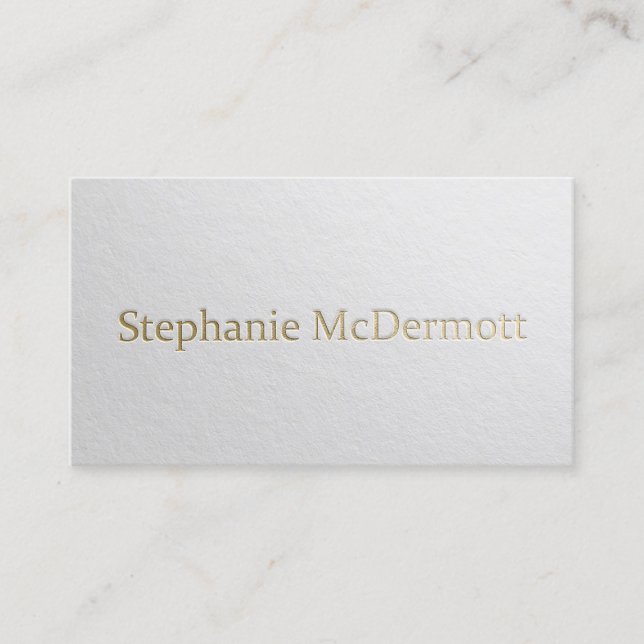Modern Designer Minimal White & Gold Embossed Text Business Card (Front)