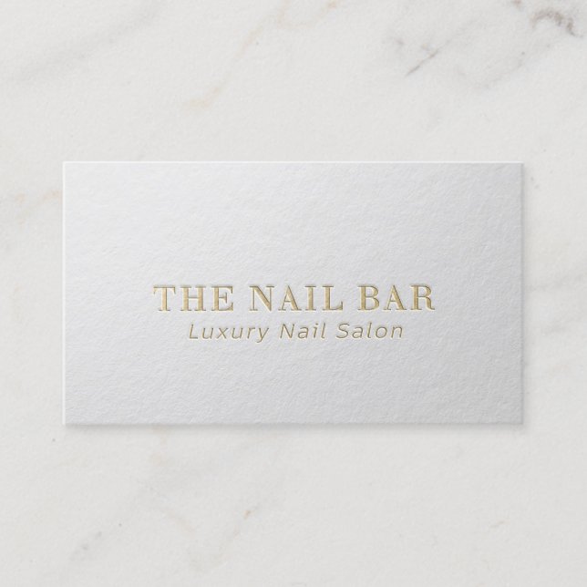 Modern Designer Minimal White & Gold Embossed Text Business Card (Front)