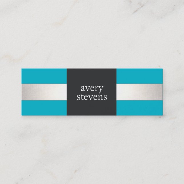 Modern Designer Silver Striped Turquoise and Black Mini Business Card (Front)
