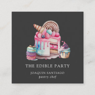 Modern Desserts Pastry Chef Baker Watercolor Black Square Business Card