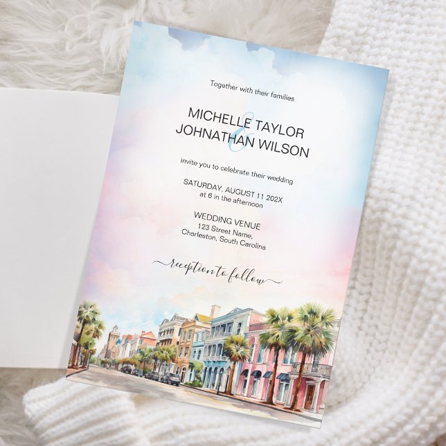 Modern Destination Wedding Charleston Watercolor Invitation (charleston pastel watercolor)