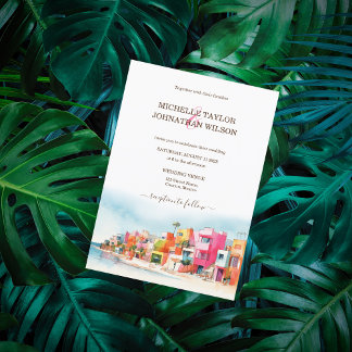 Modern Destination Wedding Mexico Beach Colourful Invitation