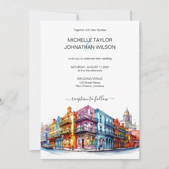 Modern Destination Wedding New Orleans Watercolor Invitation (Front)