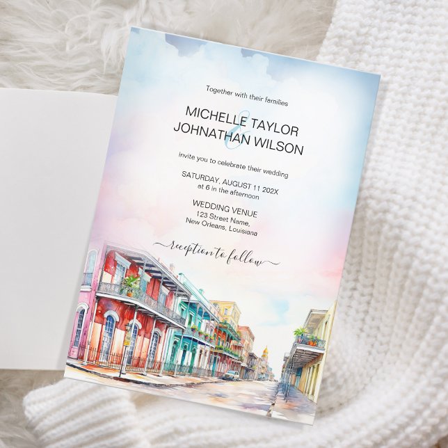 Modern Destination Wedding New Orleans Watercolor Invitation (new orleans pastel watercolor)