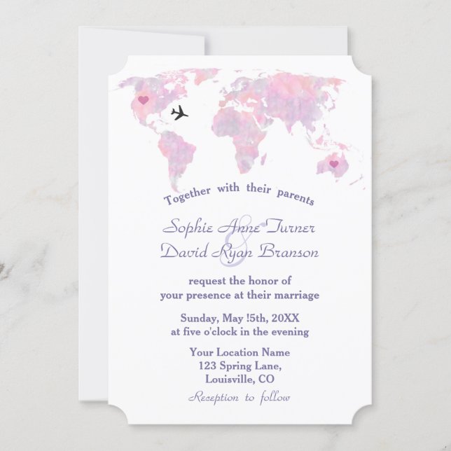 Modern Destination Wedding Watercolor World Map Invitation (Front)
