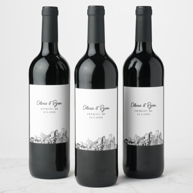 Modern Detroit Wedding Custom Wine Label (Bottles)