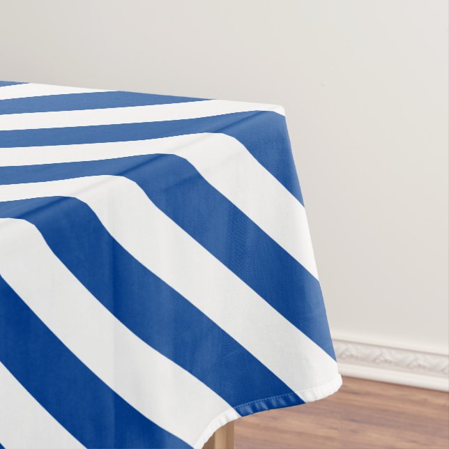 Modern Diagonal Navy Blue and White Striped  Tablecloth (In Situ)