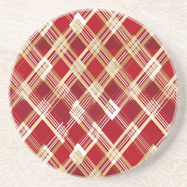 Modern Diagonal Red and White Plaid Pattern Coaster (Front)