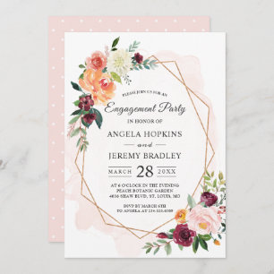 Modern Diamond Frame Blush Floral Engagement Party Invitation