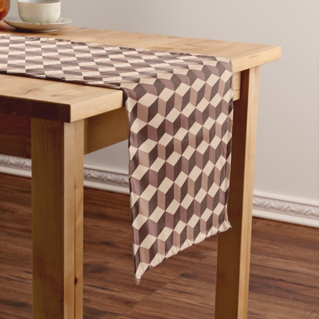 Modern Diamond Grid, Taupe, Brown and Beige Short Table Runner (In Situ)