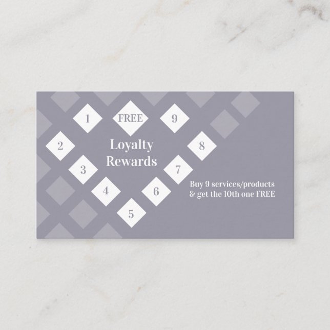 Modern Diamond Heart Loyalty Rewards Grey Lilac Business Card (Front)