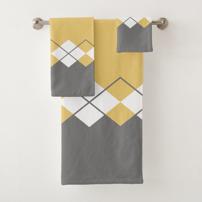 Modern diamond pattern mustard yellow, grey, white bath towel set (Insitu)