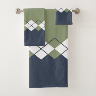 Modern, diamond pattern, olive green, navy blue bath towel set