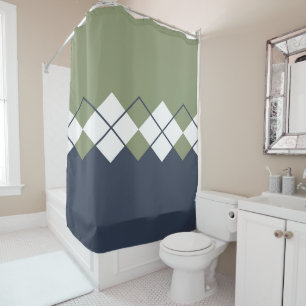 Modern, diamond pattern, olive green, navy blue shower curtain