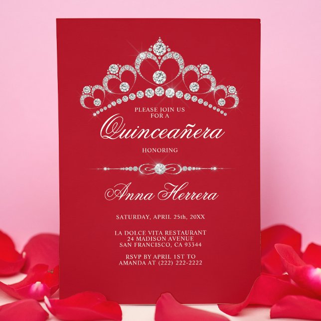 Modern Diamond Tiara Black RED QUINCEAÑERA Invitation (Creator Uploaded)