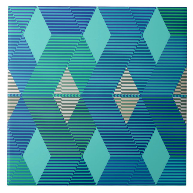 Modern Diamond Warp Print, Turquoise and Blue Tile (Front)